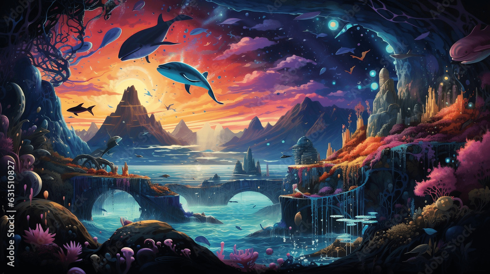 A surreal technicolor dreamscape with floating whales, upside-down mountains, and gravity-defying landscapes in a world turned on its head dream - obrazy, fototapety, plakaty 