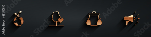Set Volunteer team planting trees, , Trash can and Megaphone icon with long shadow. Vector
