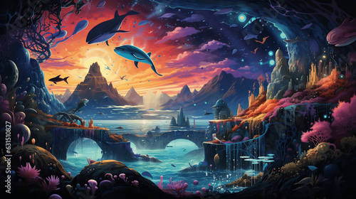 A surreal technicolor dreamscape with floating whales, upside-down mountains, and gravity-defying landscapes in a world turned on its head dream #631510827