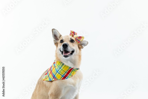 Cheerful canine is featured wearing a fashionable plaid tie and bow on the head © Leandro Omine/Wirestock Creators