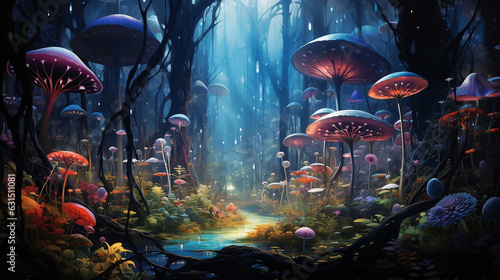 An otherworldly technicolor dreamscape with floating orbs, translucent creatures, and glowing plants forest