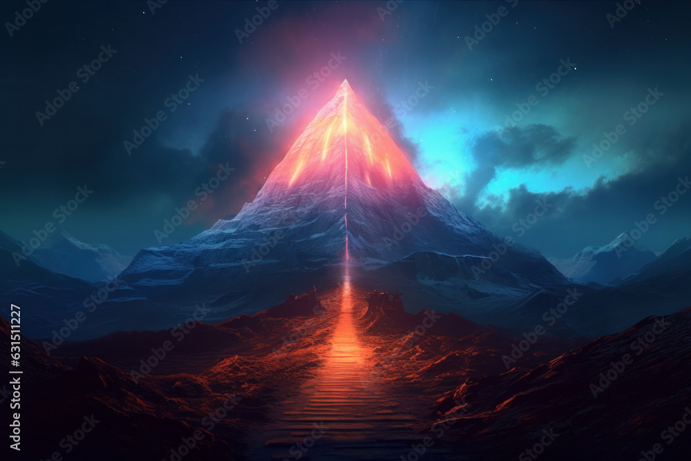 Path to success concept, with glowing light path going up the mountain