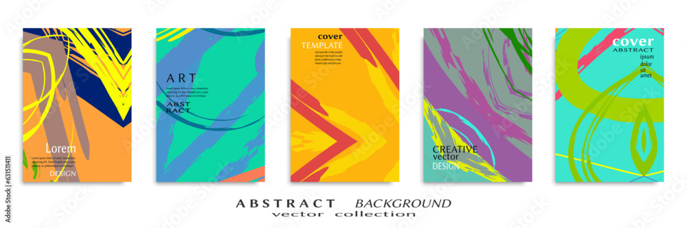 Fototapeta premium Abstract backgrouns set, grunge texture. Minimalistic art, brush strokes style. Design for card, brochure, banner idea, book cover, booklet print, flyer sheet a4. Collage page, web header template.
