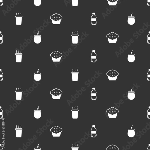 Set Bottle of water, Mate tea, Cup and Muffin on seamless pattern. Vector