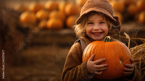 Happy child in a pumpkin patch in autumn. Halloween seasonal fall. Laughing toddler in October. Smiling kid.