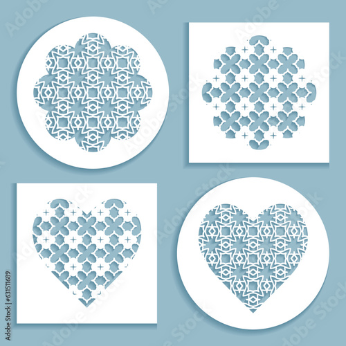 Templates for laser cutting, plotter cutting, printing. Heart and flower shape line pattern. Geometric design cut out of paper. Mandala die cut ornament. Fretwork panels, cutout silhouette stencils