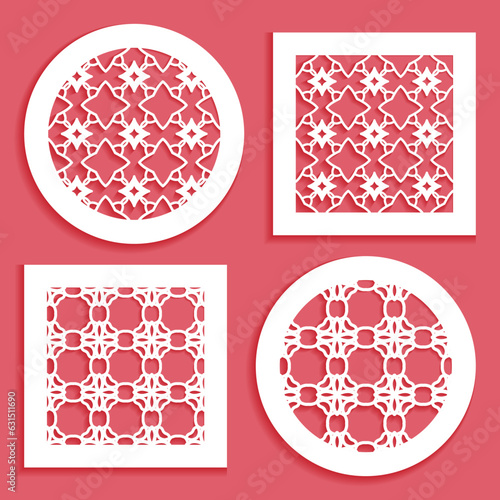Templates for laser cutting, plotter cutting, printing. Round and square line patterns. Geometric design cut out of paper. Mandala Islamic die cut ornament. Fretwork panels, cutout silhouette stencils