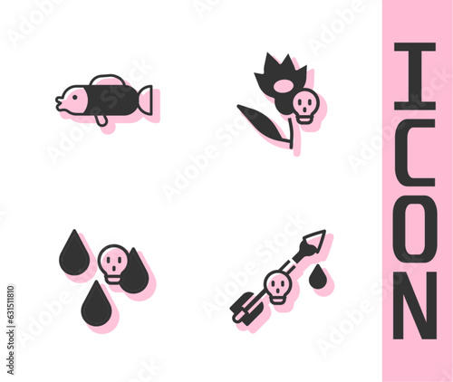 Set Poison on the arrow, Puffer fish, Acid rain and flower icon. Vector
