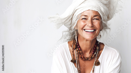 Portrait of a smiling woman in her 70s on a white background. Lifestyle.