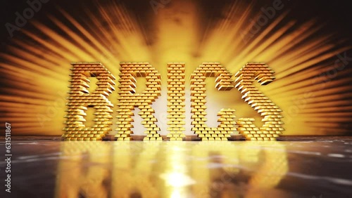 BRICS is an organization of the world's economies, and its acronym is a 3D rendering motion typographic representation of a stack of gold bars illuminated by a golden glow.