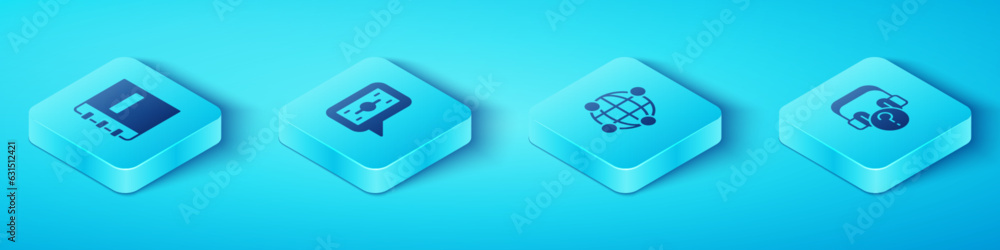 Set Isometric Notebook, Stacks paper money cash, Headphones with question and Global technology icon. Vector Set Isometric Notebook, Stacks paper money cash, Headphones with question and Global technology icon. Vector