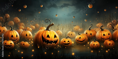 Jack-o-lantern concept art for Halloween. Grinning pumpkins in October. 