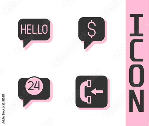 Set Incoming call phone, Hello different languages, Telephone 24 hours support and Paid icon. Vector photo