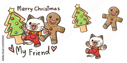 Cute design element cartoon, cartoon illustration of little cat, cookie and  gingerbread men for Christmas character elements, Cartoon illustration for children, Vector image.