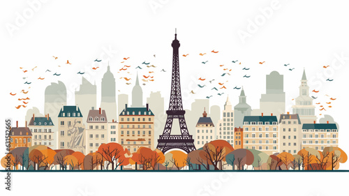 AI generated, vector illustration, vector illustration of Paris, the capital city of France. Typical view with the Eifel tower and characteristic residential buildings in the city centre of Paris.