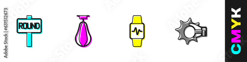 Set Boxing ring board, Punching bag, Smart watch with heart and boxing glove icon. Vector