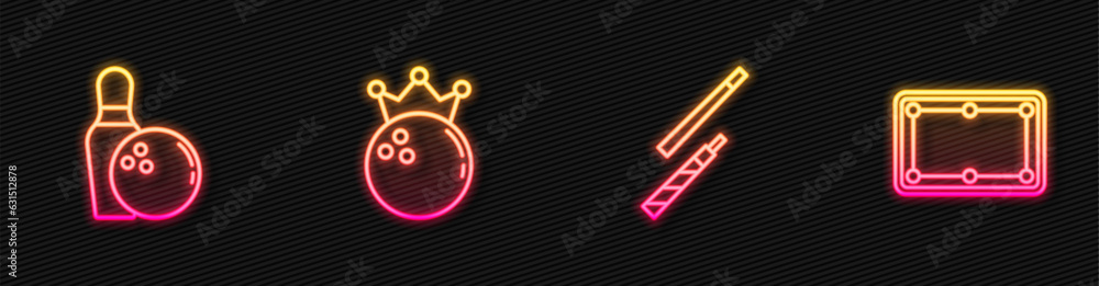Set line Billiard cue, Bowling pin and ball, and table. Glowing neon icon. Vector Set line Billiard cue, Bowling pin and ball, and table. Glowing neon icon. Vector