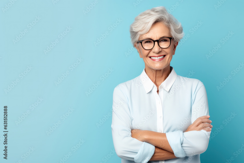 Happy senior woman smiles, hands crossed - pastel blue background.
