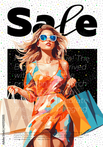 Sale and discount poster. Beautiful woman in shopping mall. Black Friday promotional trendy placard with advertising text. Creative typography art print. Fashion flyer design template. Vector eps