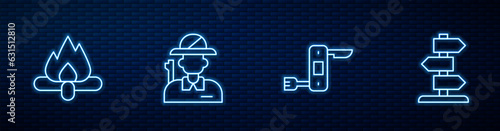 Set line Swiss army knife, Campfire, Hunter and Road traffic sign. Glowing neon icon on brick wall. Vector