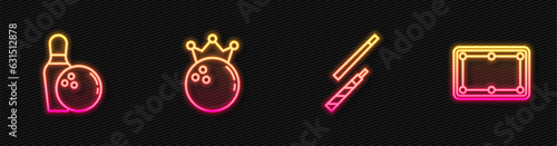 Set line Billiard cue, Bowling pin and ball, and table. Glowing neon icon. Vector
