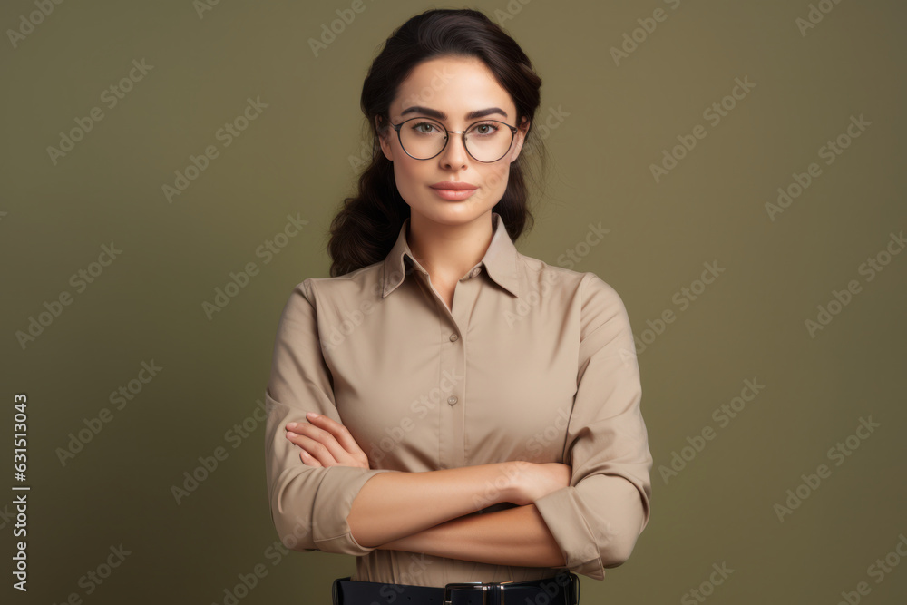 Confident freelancer lady in khaki shirt, glasses, arms crossed. Confident freelancer lady in khaki shirt, glasses, arms crossed.