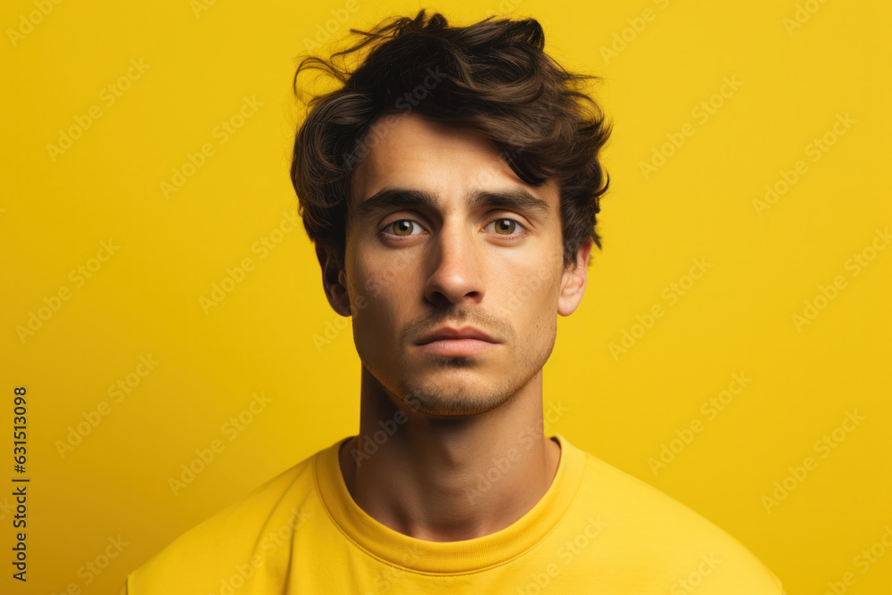 Thoughtful young man gazes at camera - yellow background. Thoughtful young man gazes at camera - yellow background.