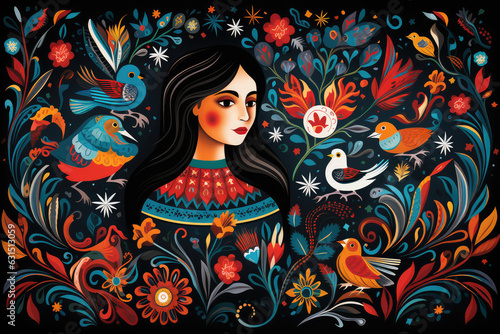 The artwork combines elements of traditional Mexican folk art and digital illustration ai generated