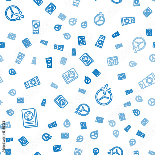 Set line Passport, Clock with airplane and Sunscreen cream in tube on seamless pattern. Vector