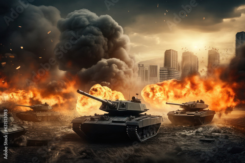 City ablaze as tanks engage; one fires a shell in military special op.