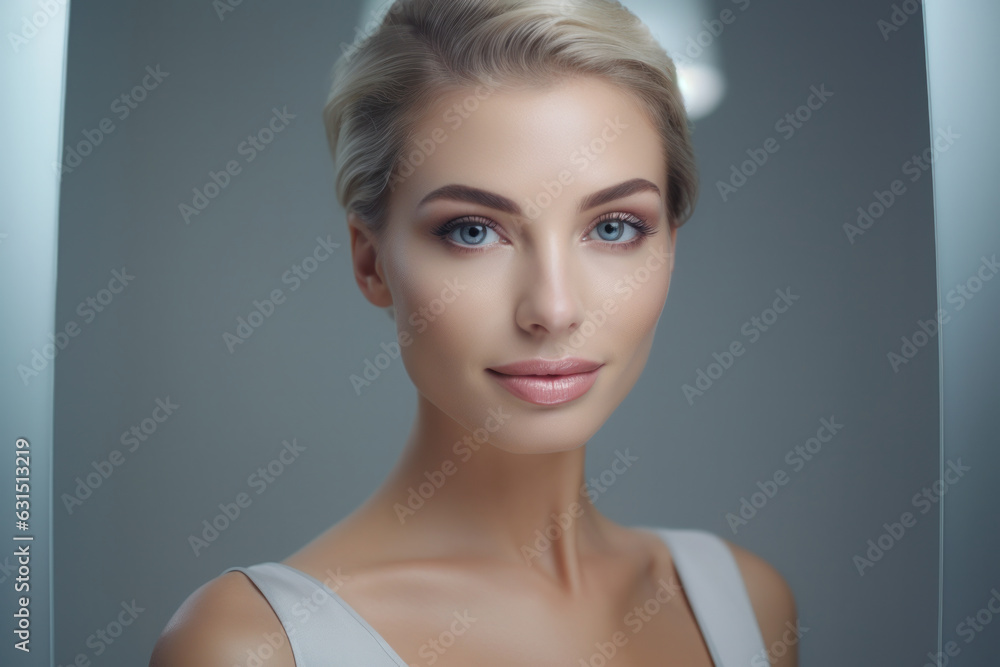 Joyful lady admires spa salon collagen treatment in mirror, isolated on grey Joyful lady admires spa salon collagen treatment in mirror, isolated on grey