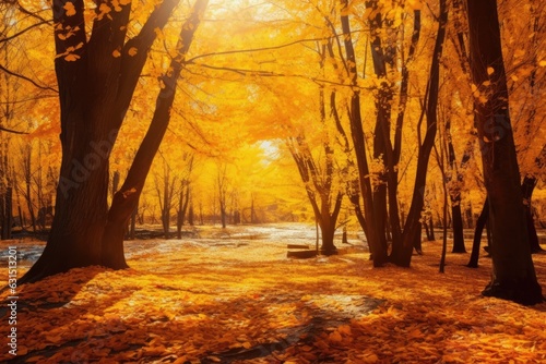 Beautiful autumn landscape with yellow autumn trees and sun. Colorful foliage in the forest. natural background - Generative AI