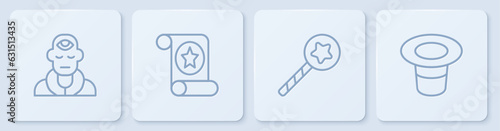 Set line Wizard warlock, Magic wand, scroll and hat. White square button. Vector