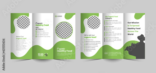 Organic healthy food shop tri fold brochure design, green food trifold brochure template, farming food menu for the restaurant, Bio food trifold brochure template or organic food trifold brochure