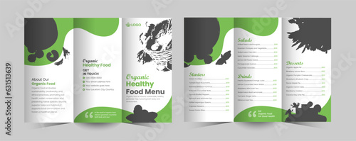 Organic healthy food shop tri fold brochure design, green food trifold brochure template, farming food menu for the restaurant, Bio food trifold brochure template or organic food trifold brochure