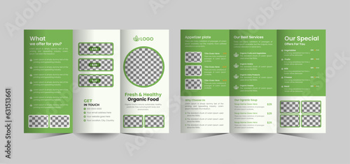 Organic healthy food shop tri fold brochure design, green food trifold brochure template, farming food menu for the restaurant, Bio food trifold brochure template