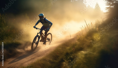 woman bicycle summer sunset sport walking bike cycling healthy dark forest. Generative AI. © VICHIZH
