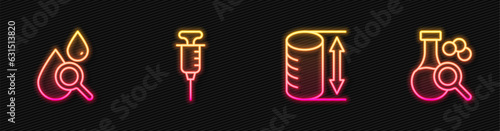 Set line Height geometrical figure, Drop and magnifying glass, Syringe and Test tube. Glowing neon icon. Vector