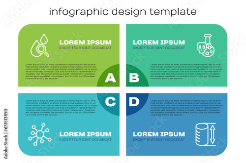 Set line Molecule, Drop and magnifying glass, Height geometrical figure and Test tube with toxic liquid. Business infographic template. Vector