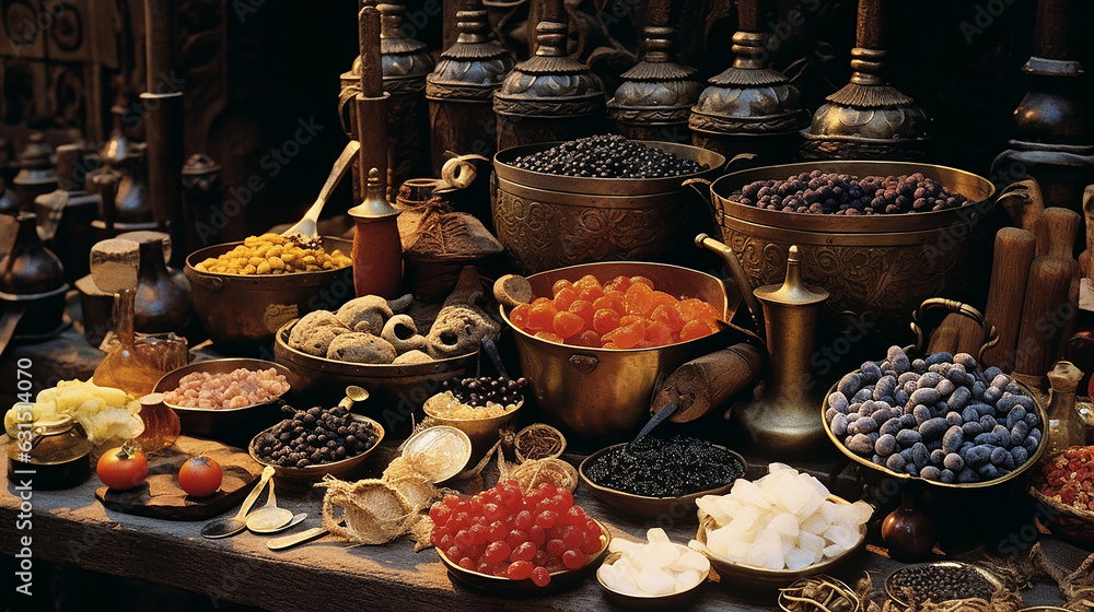 Fototapeta premium Food Market Historical Ancient Silk Road Concept Spices Herbs Fruits Apricot Dates Raisins Seeds Honey Tea Saffron Metal