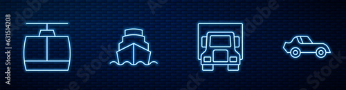 Set line Delivery cargo truck, Cable, Cruise ship and Car. Glowing neon icon on brick wall. Vector