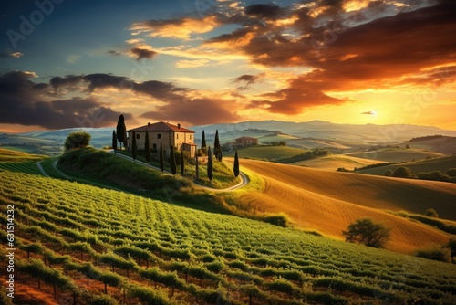 Typical Tuscany countryside landscape; sunset over rolling hills and Tuscany farmland - Generative AI