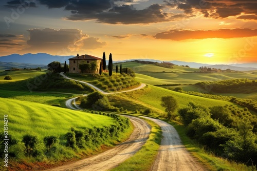 Typical Tuscany countryside landscape; sunset over rolling hills and Tuscany farmland - Generative AI