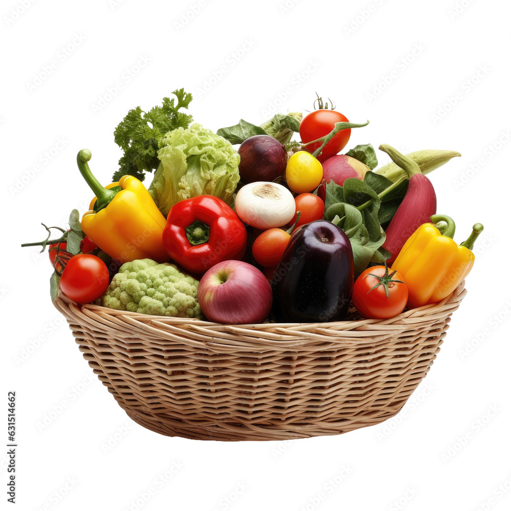 Organic produce in wicker basket on white backround. Organic produce in wicker basket on white backround.