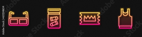 Set line Concert ticket, Glasses, Evidence bag with bullet and Undershirt. Glowing neon icon. Vector