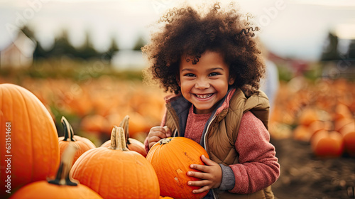 Foto Happy child in a pumpkin patch in autumn