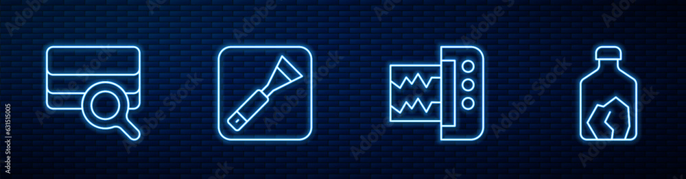 Set line Seismograph, Soil analysis, Paint brush and Ore mining. Glowing neon icon on brick wall. Vector Set line Seismograph, Soil analysis, Paint brush and Ore mining. Glowing neon icon on brick wall. Vector