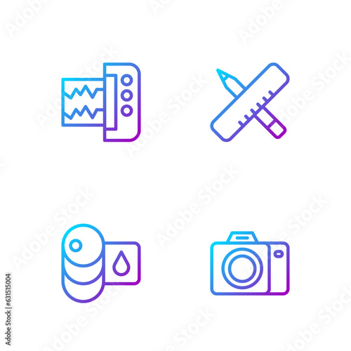 Set line Photo camera, Barrel oil, Seismograph and Crossed ruler and pencil. Gradient color icons. Vector