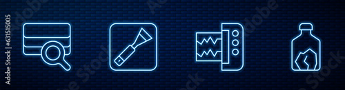 Set line Seismograph, Soil analysis, Paint brush and Ore mining. Glowing neon icon on brick wall. Vector