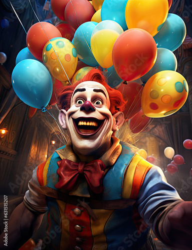 smiling clown with air balloons into circus, poster illustration